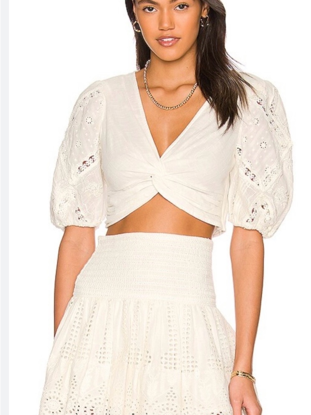 HEMANT & NANDITA Ruby Crop Top Cream Twist-Front Eyelet Puff-Sleeve